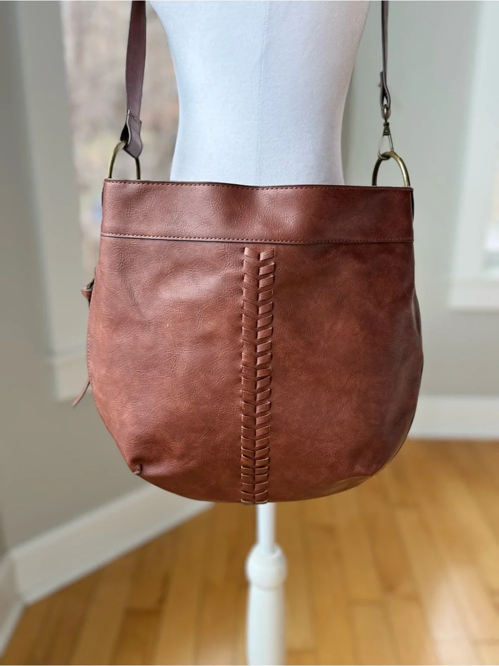 Vintage Cognac Brown Braided Vegan Leather Brass Rings Satchel Hobo Bag Purse